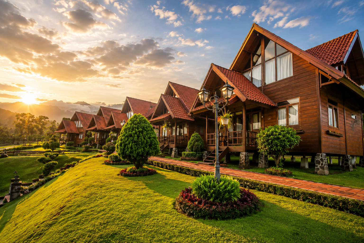 Cottage kayu mewah dengan taman hijau di Citra Cikopo Hotel Puncak Bogor
