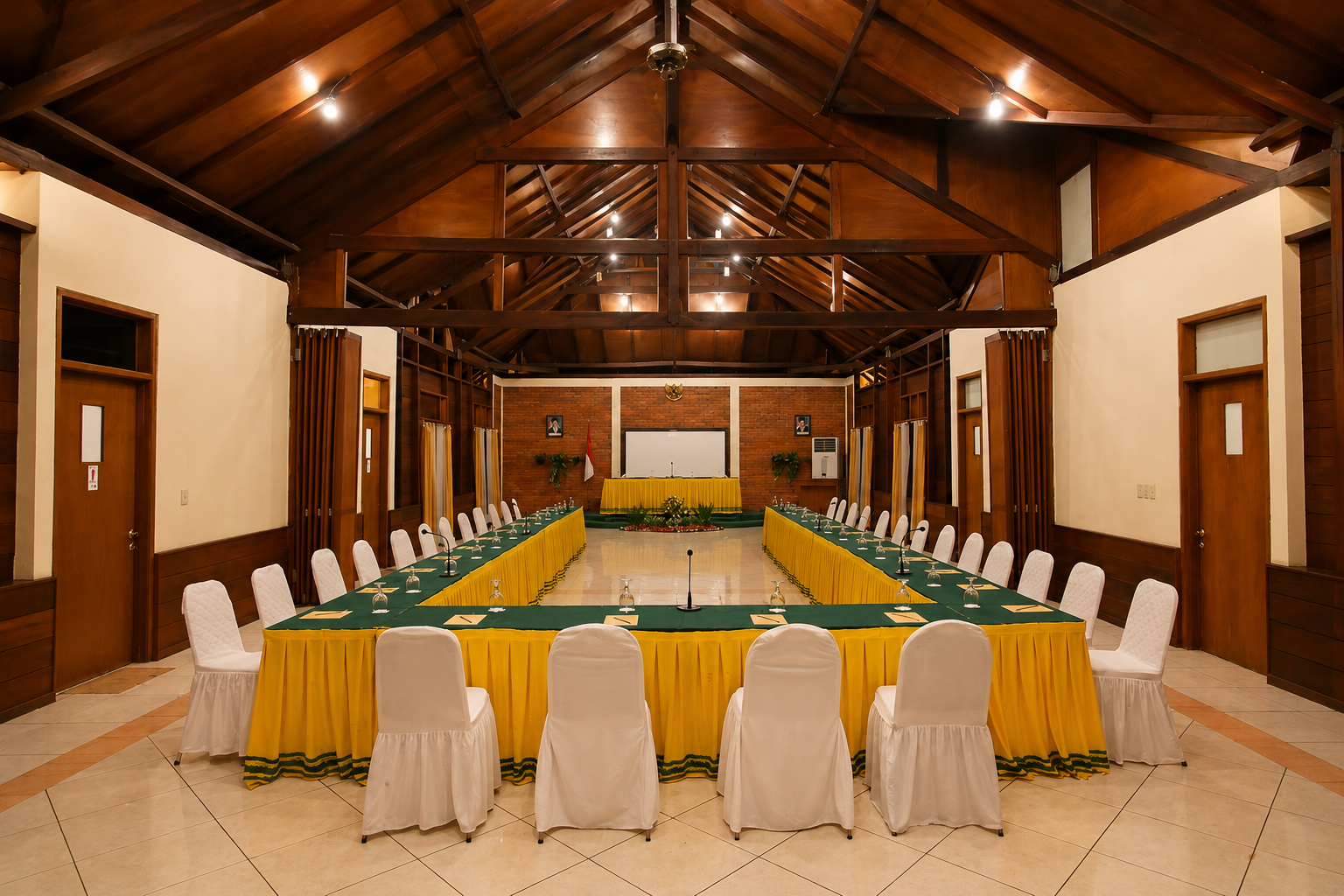 Meeting hall hotel di Puncak dengan desain kayu hangat untuk gathering dan acara perusahaan