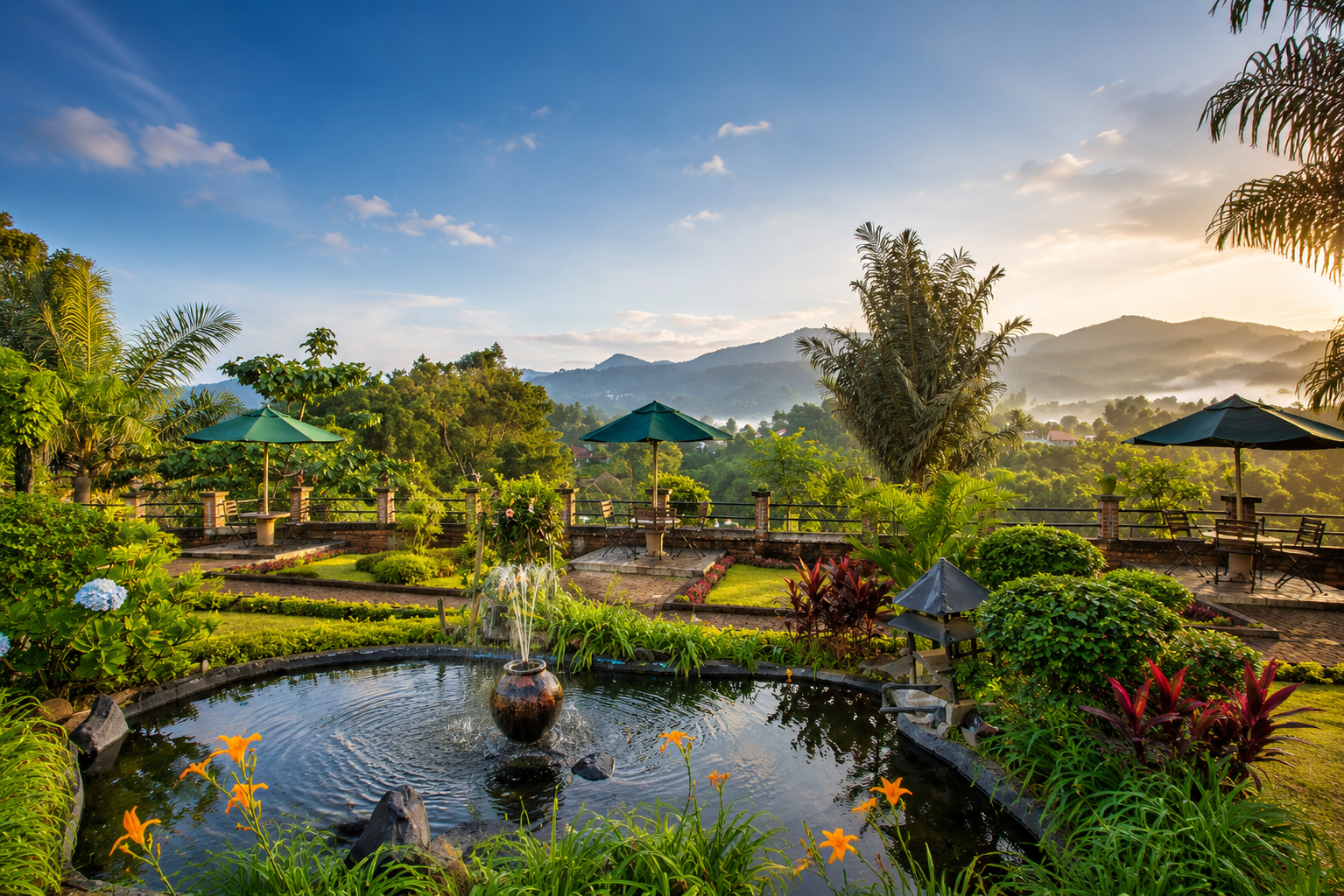 Area taman Mountain View dengan kolam dan pemandangan pegunungan di Citra Cikopo Hotel Puncak Bogor