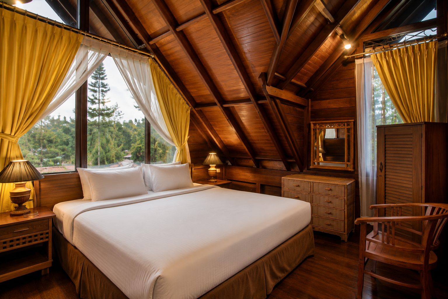 Kamar President Suite di Citra Cikopo Hotel Puncak dengan interior kayu mewah dan suasana hangat pegunungan