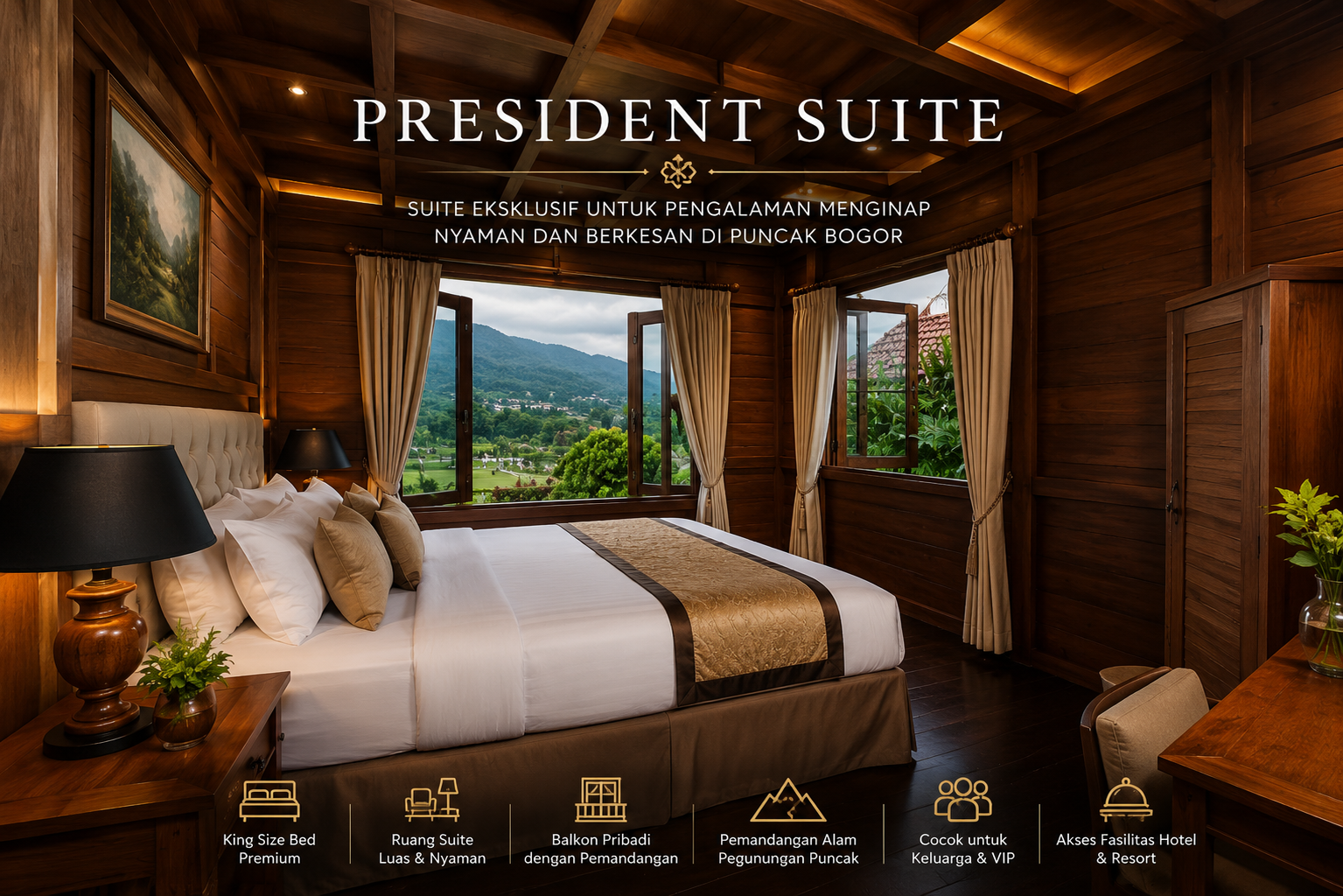 Interior President Suite di hotel puncak terbaik dengan kamar kayu mewah, king size bed, dan pemandangan pegunungan Puncak Bogor di Citra Cikopo Hotel