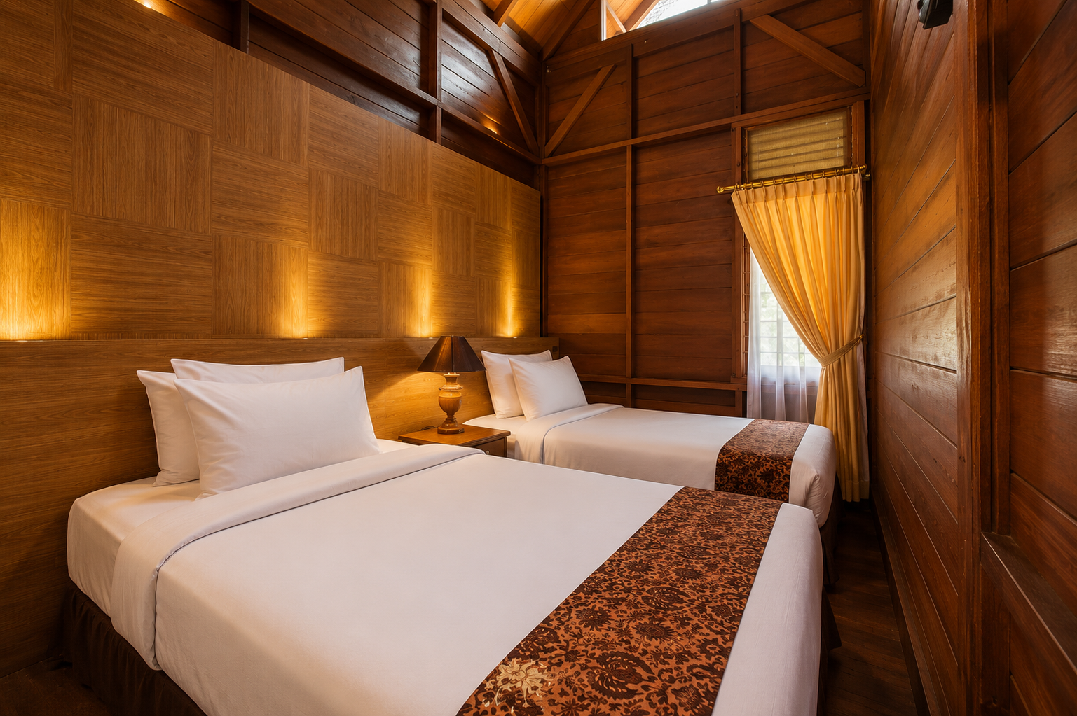 Kamar tidur Superior Cottage di Citra Cikopo Hotel Puncak dengan interior kayu hangat dan twin bed nyaman