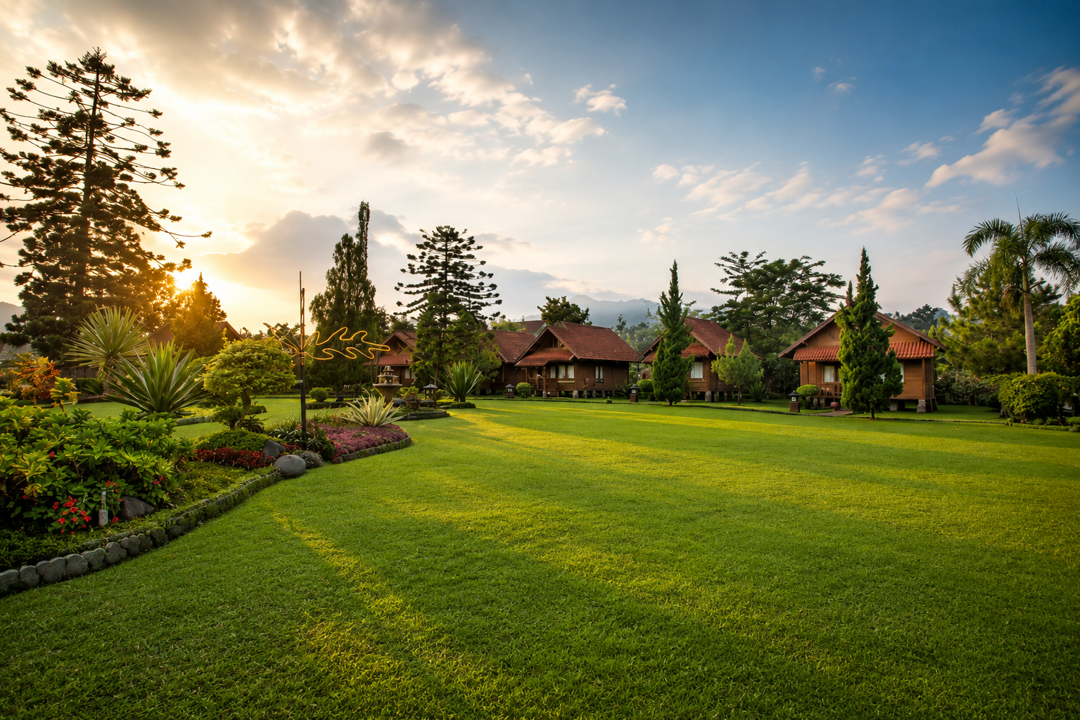 Taman luas dan area cottage Deluxe Room di Citra Cikopo Hotel Puncak Bogor dengan suasana pegunungan yang asri dan tenang.